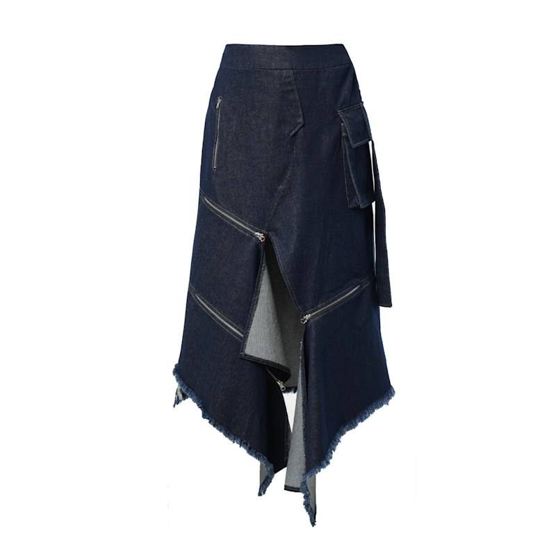 Asymmetric Dark Denim Skirt With Zippers | Metamorphoza