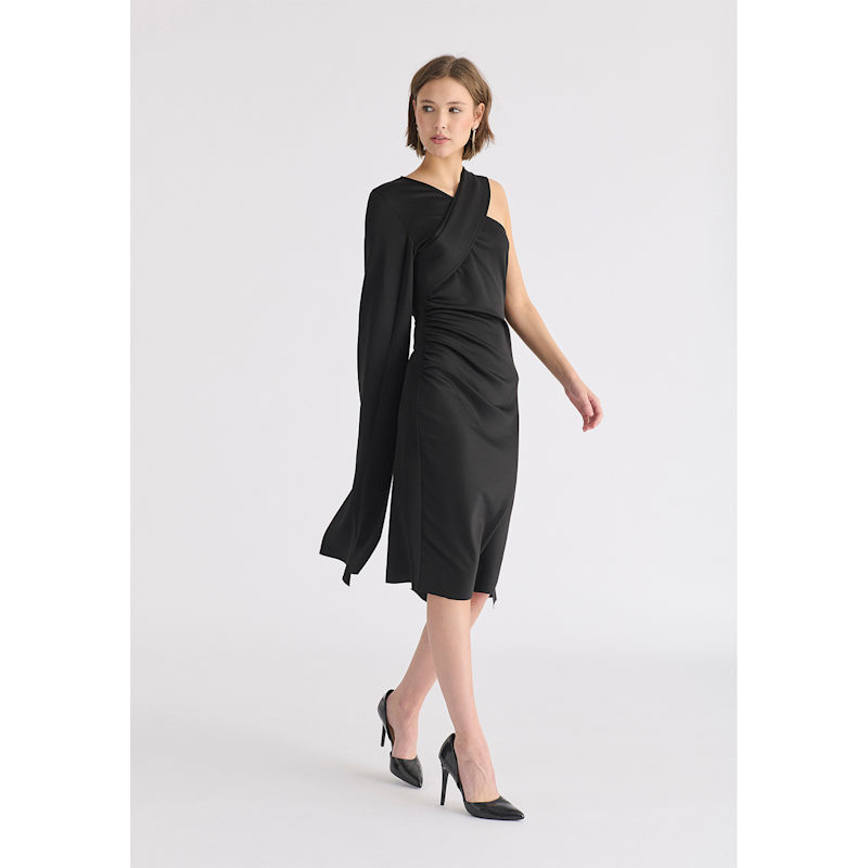 Paisie Asymmetric Draped Cape Sleeve Dress - Black