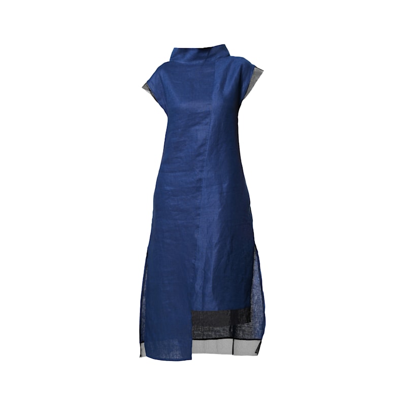 Metamorphoza Asymmetric Linen Dress With Mesh Detail - Blue