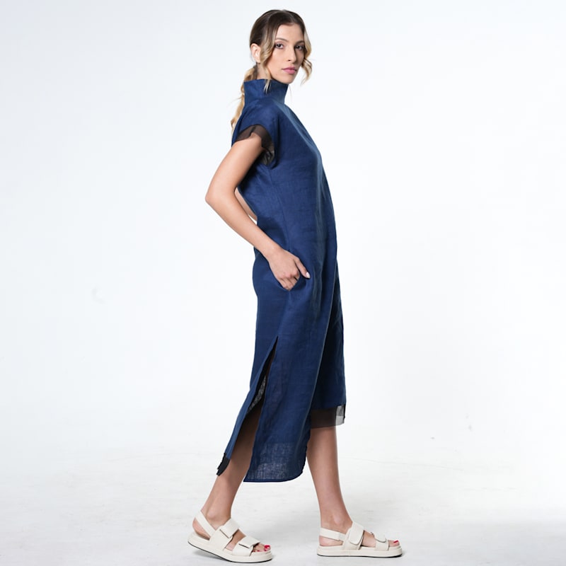 Asymmetric Linen Dress In Blue | Metamorphoza | Wolf & Badger