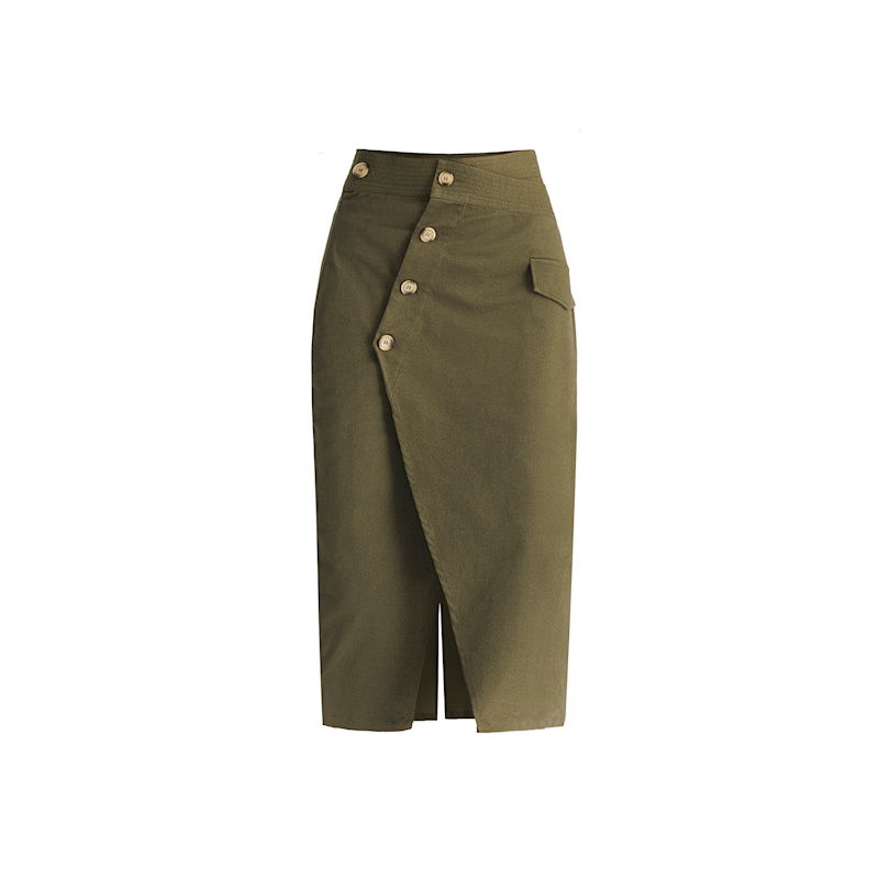 Thumbnail of Asymmetric Midi Skirt With Button Details In Khaki Green image