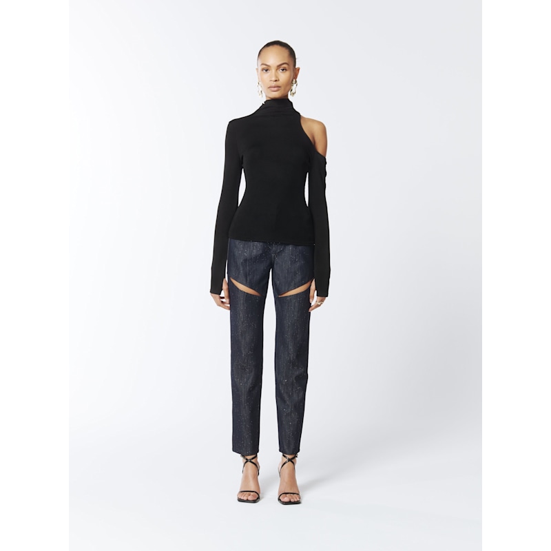 Thumbnail of Asymmetric One-Shoulder Cutout Turtleneck Knit Top In Black image