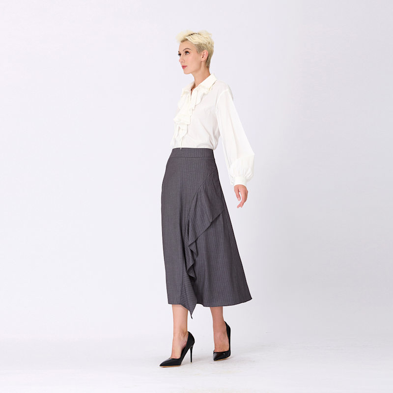 Thumbnail of Asymmetric Ruffle Flared Midi Skirt - Grey image