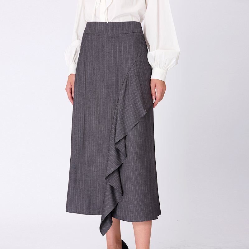 Thumbnail of Asymmetric Ruffle Flared Midi Skirt - Grey image