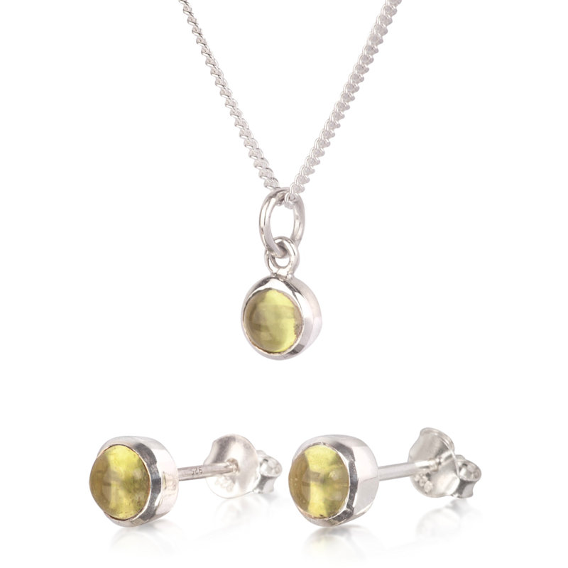 Thumbnail of August Birthstone Jewellery Set In Sterling Silver-Peridot Studs, Charm Necklace image