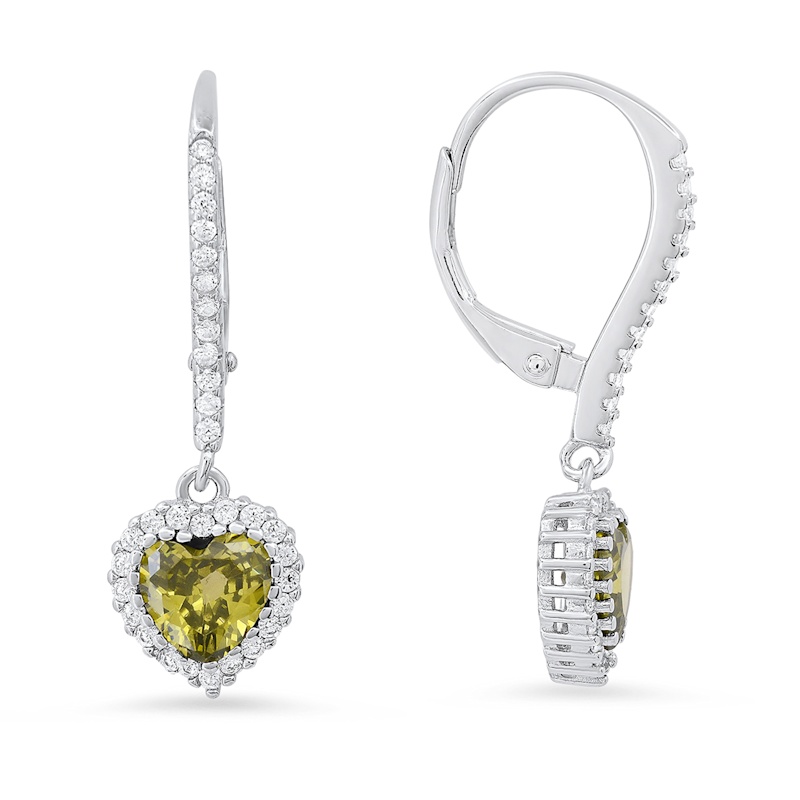 Thumbnail of August Peridot Birthstone Heart-Cut Halo Leverback Earrings In Sterling Silver image