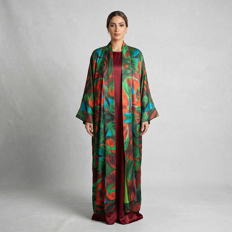 Thumbnail of Autumn Paisley Print Satin Maxi Abaya Kaftan image