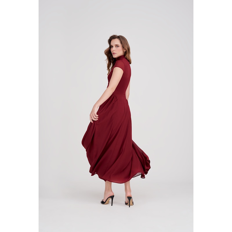 Thumbnail of Ava Chiffon Mock Neck Maxi Dress With Cap Sleeves - Burgundy image