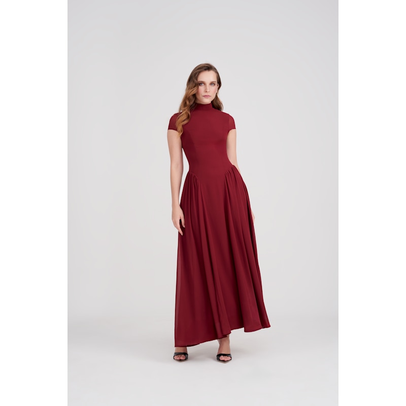 Thumbnail of Ava Chiffon Mock Neck Maxi Dress With Cap Sleeves - Burgundy image