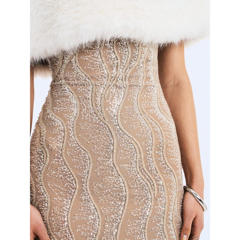 Thumbnail of Averie White Fur Off-Shoulder Beige Sequin Mini Dress image