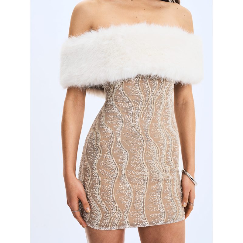 Thumbnail of Averie White Fur Off-Shoulder Beige Sequin Mini Dress image
