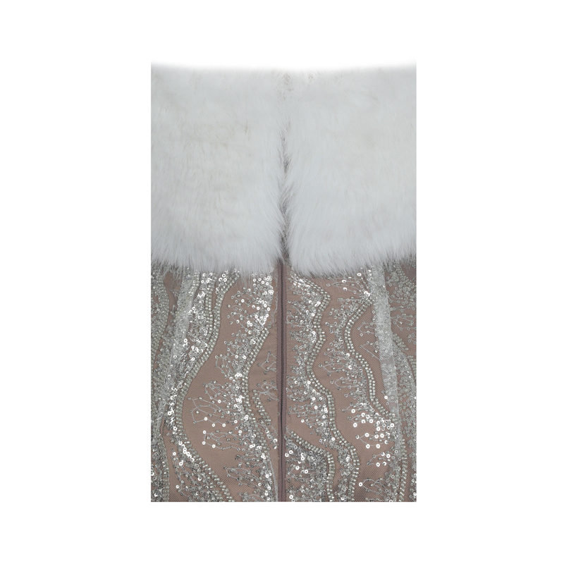 Thumbnail of Averie White Fur Off-Shoulder Beige Sequin Mini Dress image