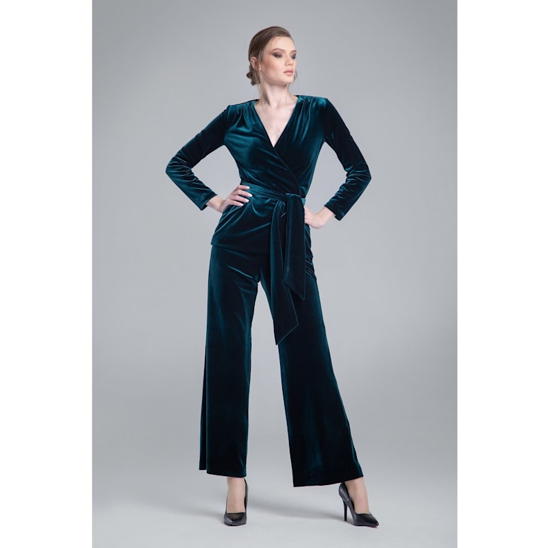 Thumbnail of Evelyn Velvet Wrap Jacket With Self-Tie Sash In Emerald Green image