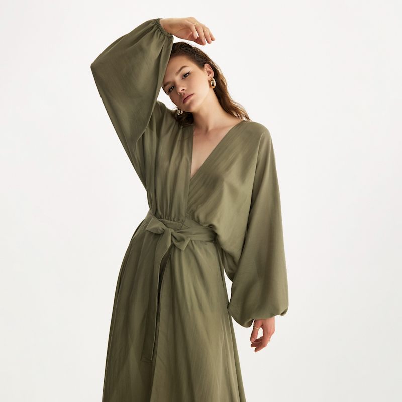 Thumbnail of Pure Silk Wrap Dress In Olive image
