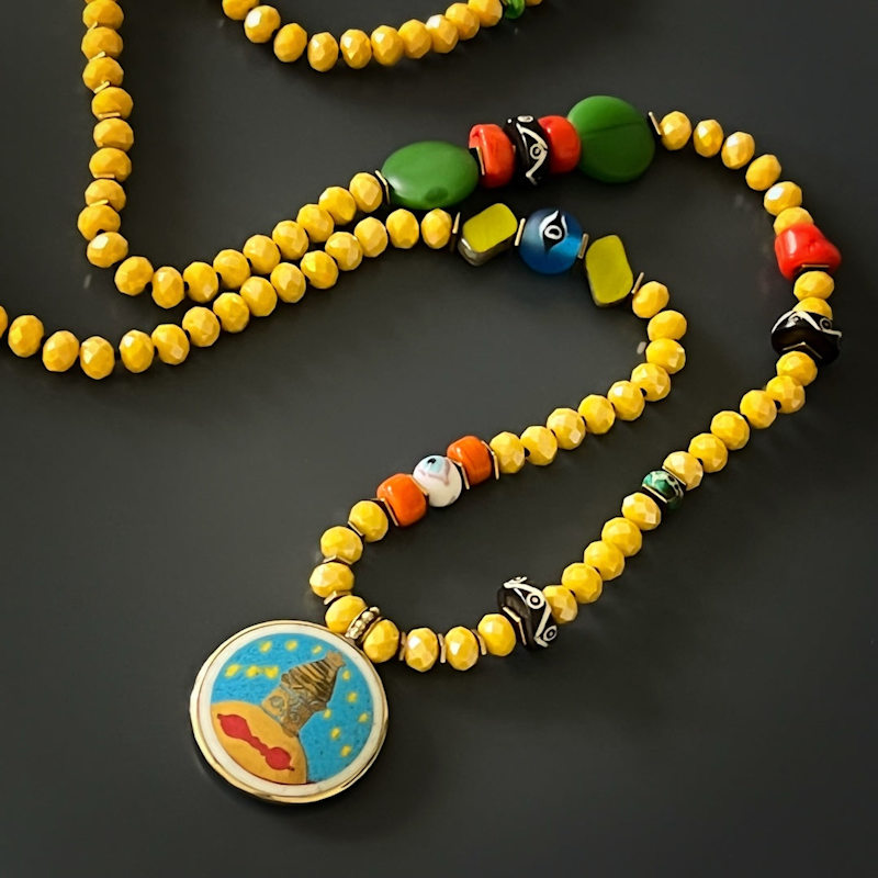 Thumbnail of Colorful Nepal Mantra Pendant Yellow Beaded Long Necklace - Yellow image
