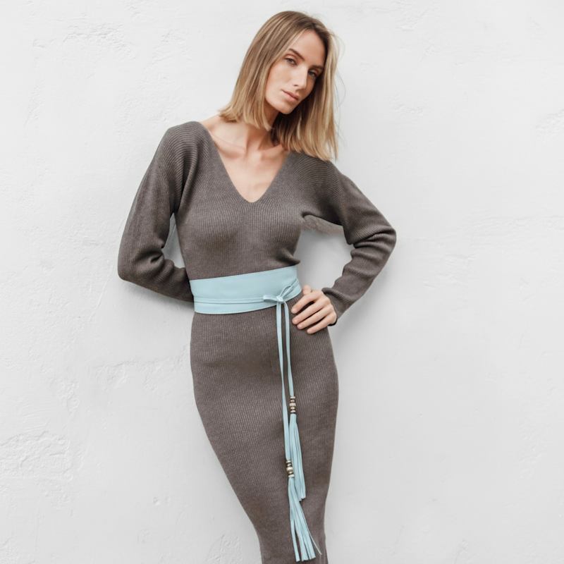Thumbnail of Light Blue Leather Obi Belt With Long Tassels image