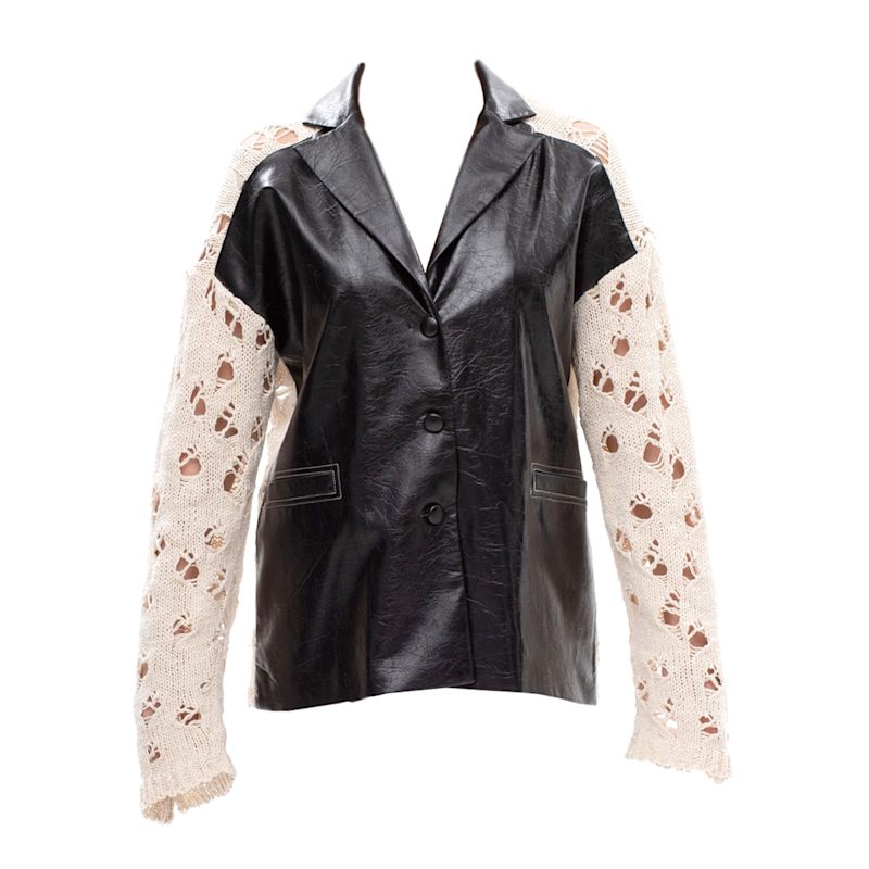 Thumbnail of Back Shift – Glossy Leather Blazer With Knitted Sleeves & Back image