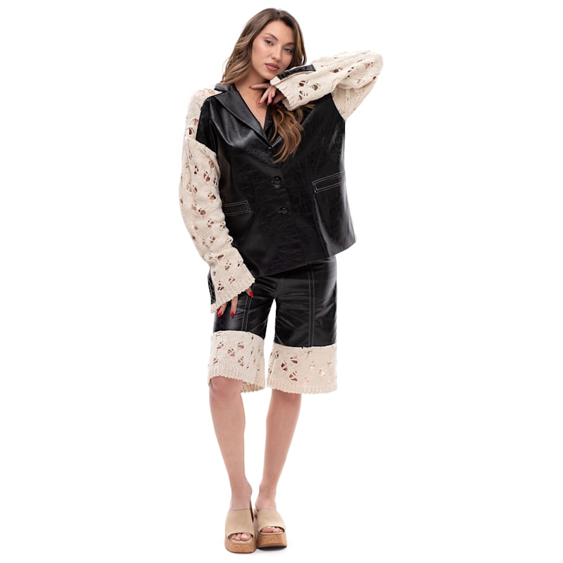 Thumbnail of Back Shift – Glossy Leather Blazer With Knitted Sleeves & Back image