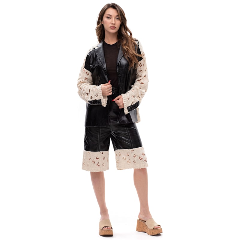 Thumbnail of Back Shift – Glossy Leather Blazer With Knitted Sleeves & Back image