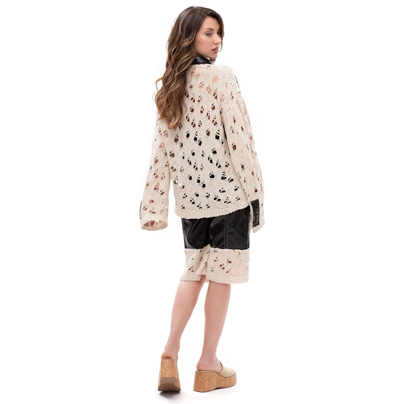 Thumbnail of Back Shift – Glossy Leather Blazer With Knitted Sleeves & Back image
