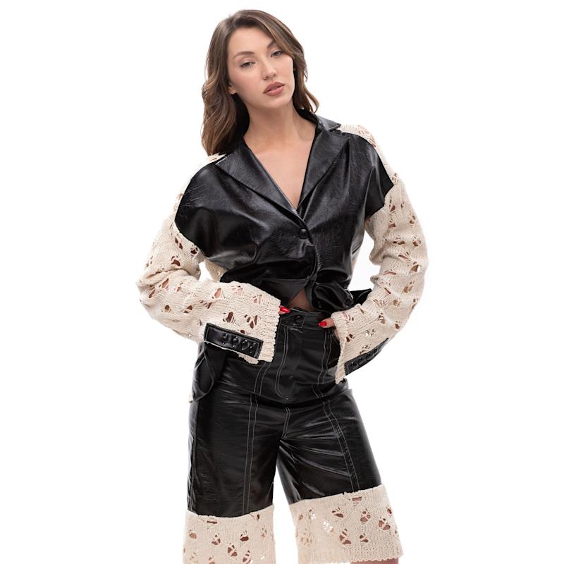 Thumbnail of Back Shift – Glossy Leather Blazer With Knitted Sleeves & Back image