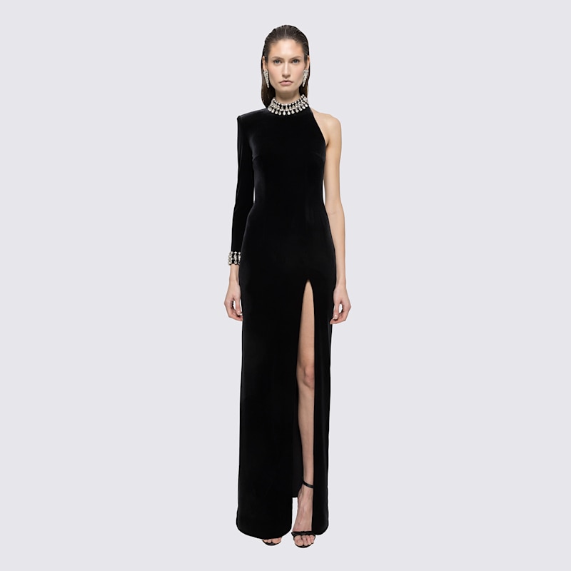 knee length dresses for ladies Holiday Black Crushed Velvet Maxi Large main image 1