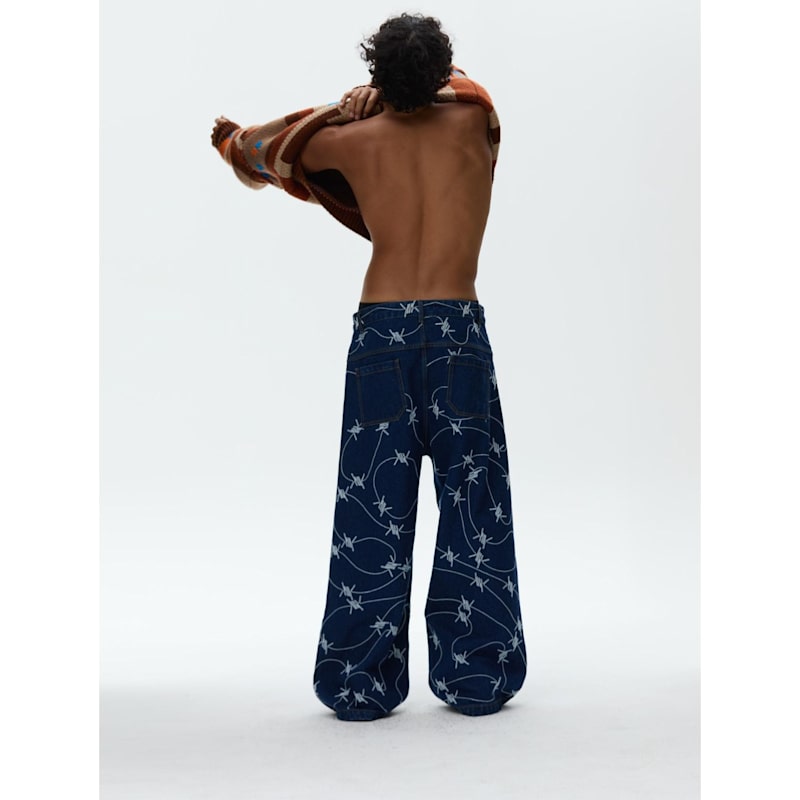 Thumbnail of Embroidered Stitched Denim Pants - Custom Barbwire Design image