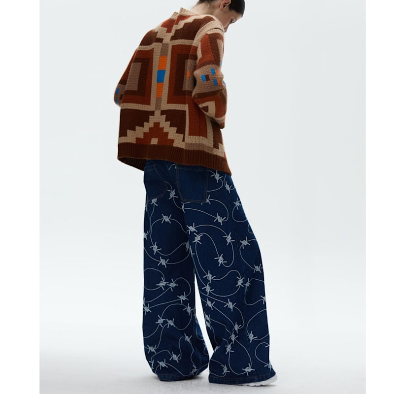 Thumbnail of Embroidered Stitched Denim Pants - Custom Barbwire Design image