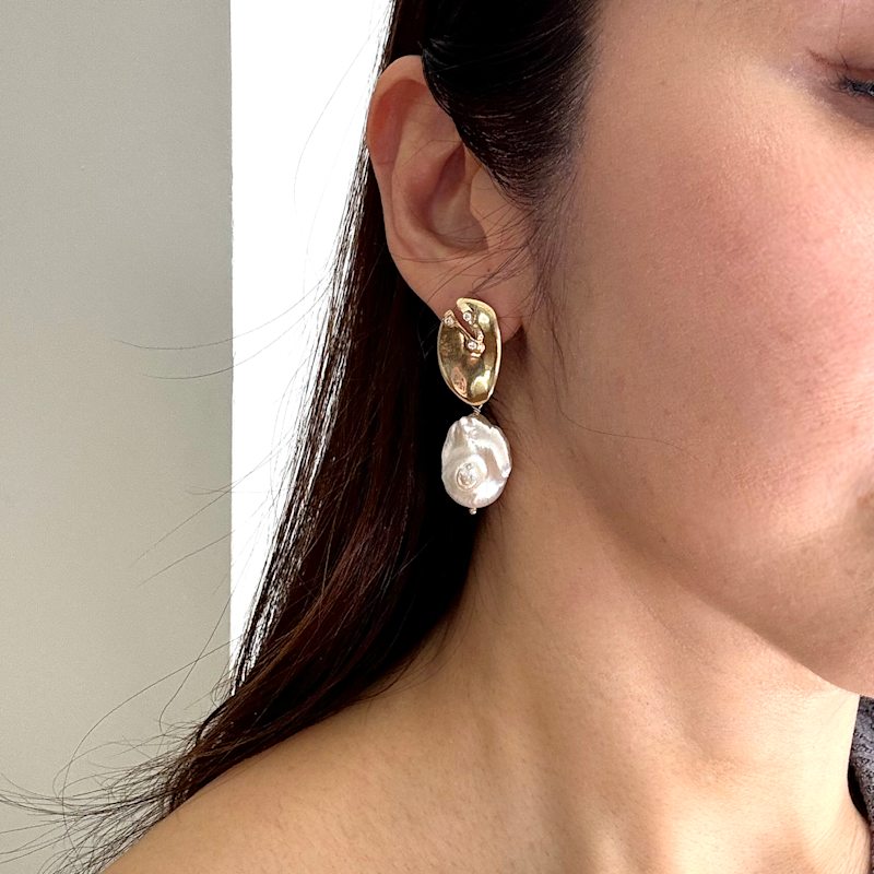 Thumbnail of Baroque Pearl Statement Earrings | Gold Floral Drop Earrings image