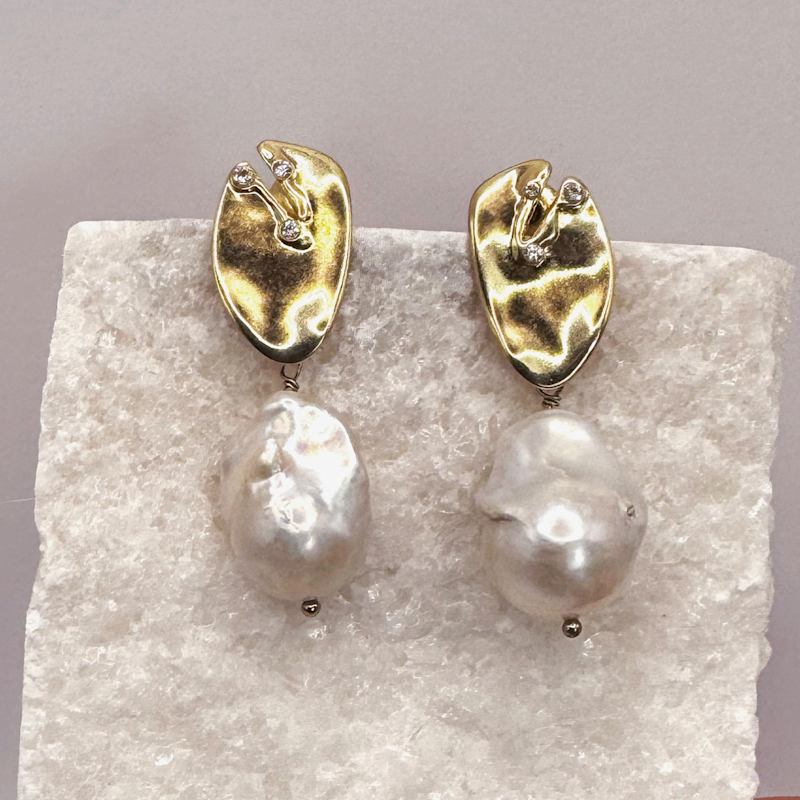 Thumbnail of Baroque Pearl Statement Earrings | Gold Floral Drop Earrings image