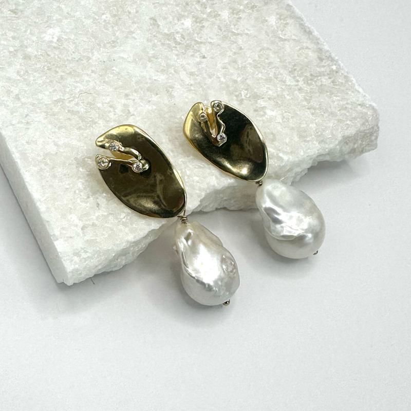 Thumbnail of Baroque Pearl Statement Earrings | Gold Floral Drop Earrings image