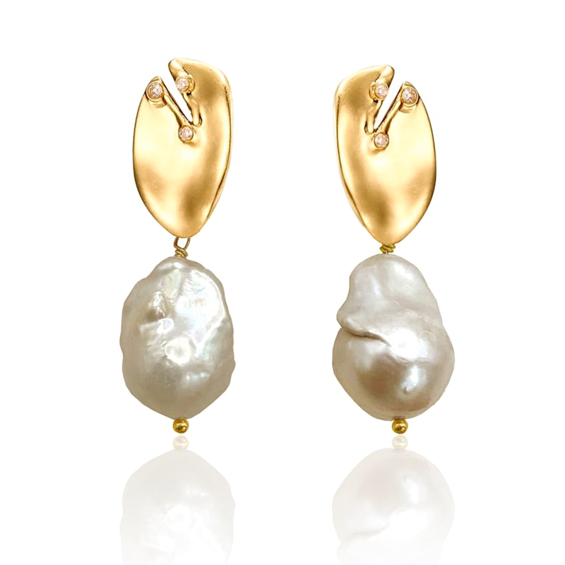 Thumbnail of Baroque Pearl Statement Earrings | Gold Floral Drop Earrings image