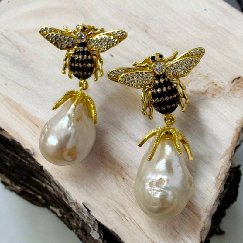 Baroque Pearl Honey Bee Drop Earrings Gold LATELITA Wolf Badger - Main Image