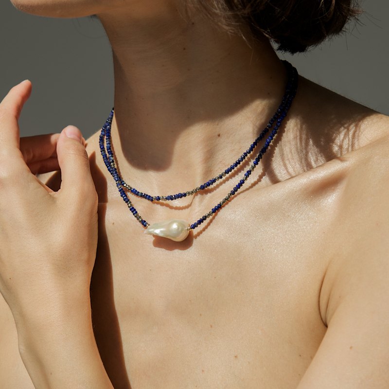 Double Strand Baroque Pearl And Lapis Lazuli Necklace With Vermeil