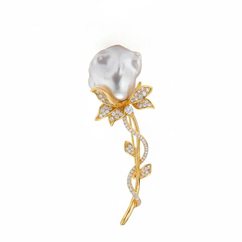 Thumbnail of Baroque Pearl Rose Brooch - Gold image