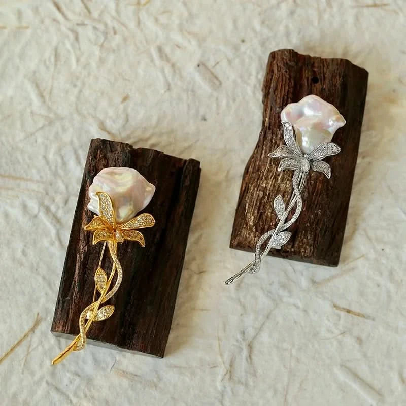 Thumbnail of Baroque Pearl Rose Brooch - Gold image