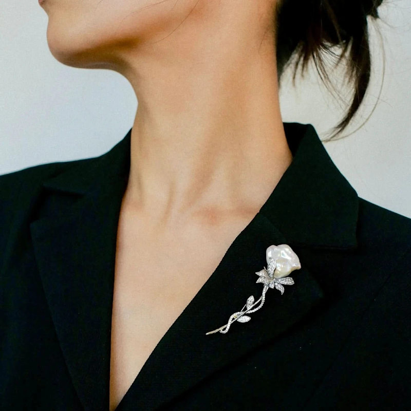 Thumbnail of Baroque Pearl Rose Brooch - Gold image