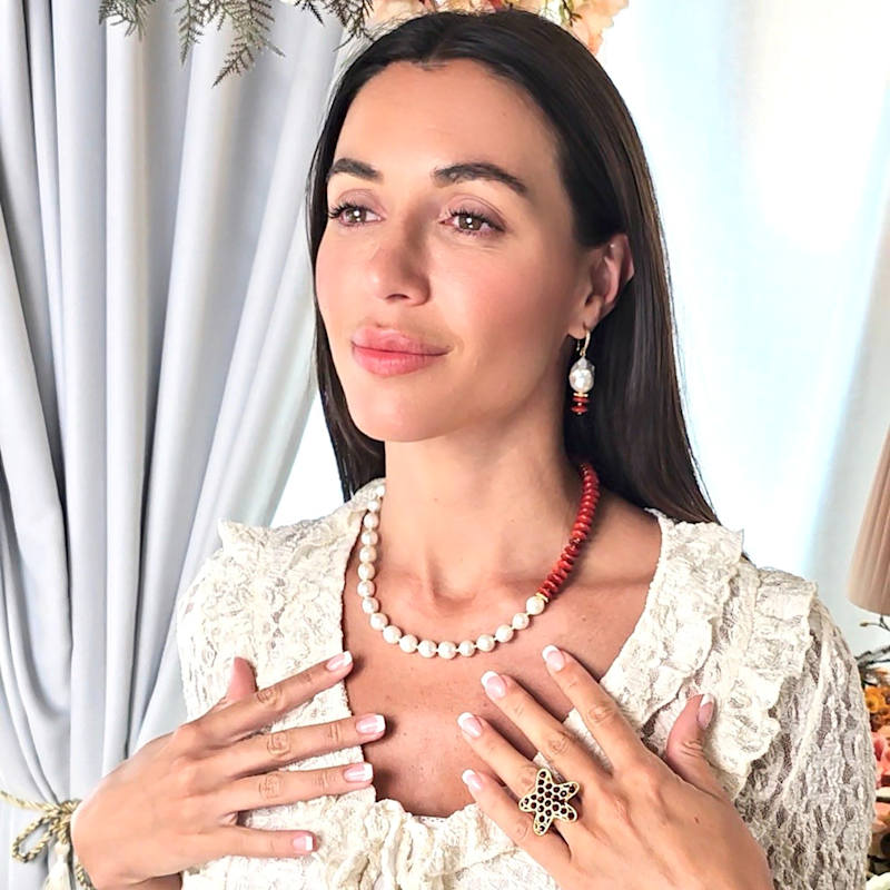 Thumbnail of Baroque Pearl With Red Bamboo Coral Earrings image