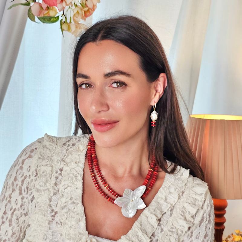 Thumbnail of Baroque Pearl With Red Bamboo Coral Earrings image