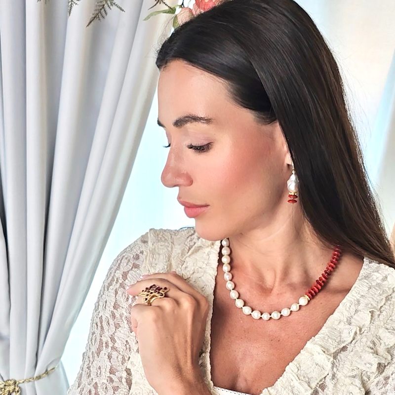 Thumbnail of Baroque Pearl With Red Bamboo Coral Earrings image