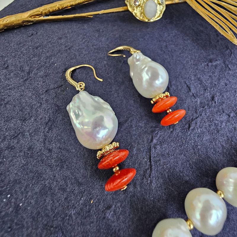 Thumbnail of Baroque Pearl With Red Bamboo Coral Earrings image