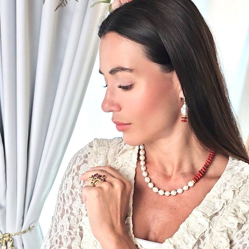 Thumbnail of Baroque Pearl With Red Bamboo Coral Earrings image
