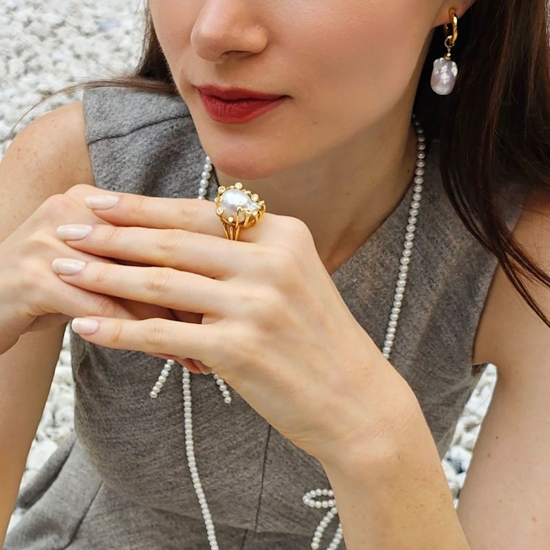 Thumbnail of Baroque Pearls With Gold Band Adjustable Ring image