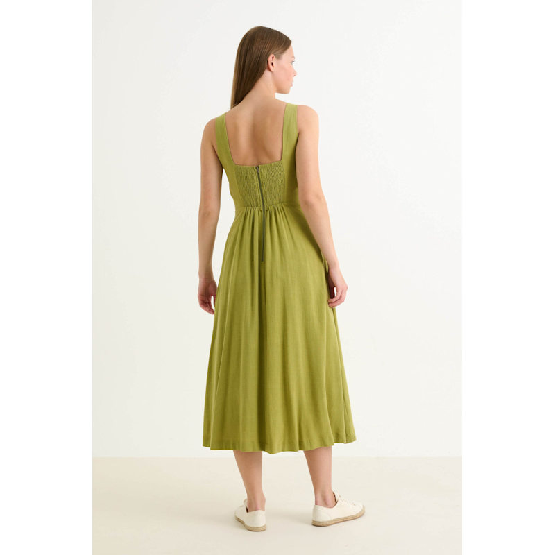 Thumbnail of Baya Linen Mix Square Neck Midi Dress - Avocado Green image