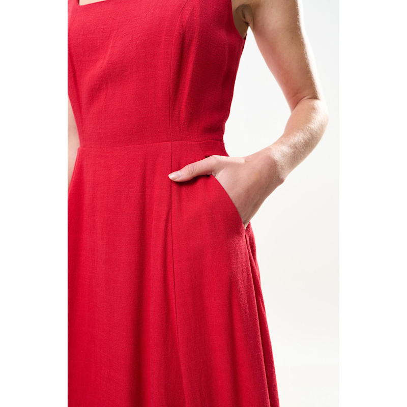 Louche Baya Linen Mix Square Neck Midi Dress - Red