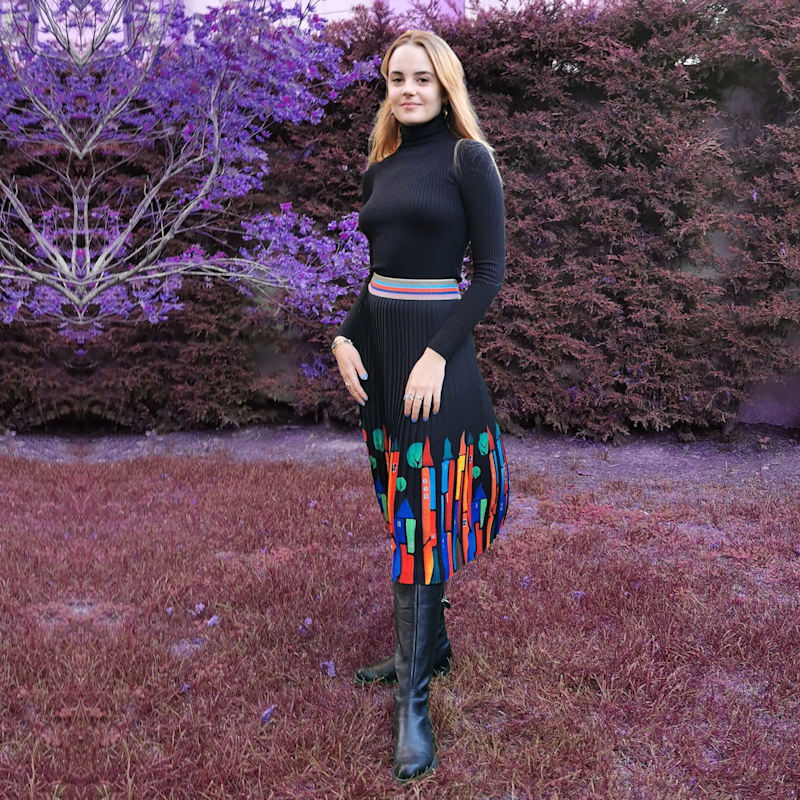 Thumbnail of Black Midi Pleated Skirt With Colorful House Prints image