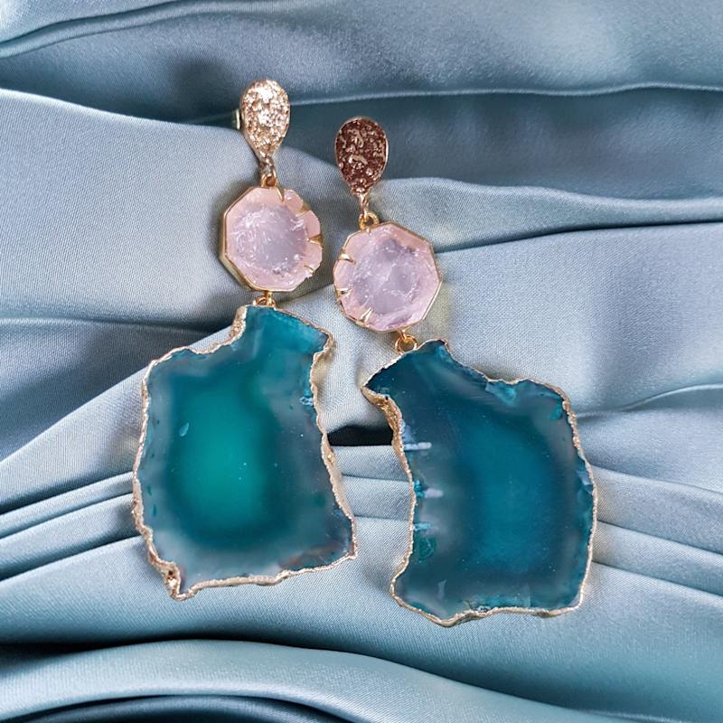 Thumbnail of 'Hold On' Rose Quartz Green Agate Gemstone Statement Earrings image