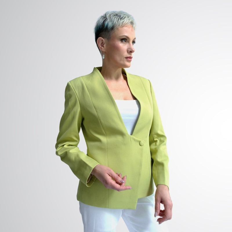 Point Of View Label Asymmetrical Lapel Women Jacket - Green