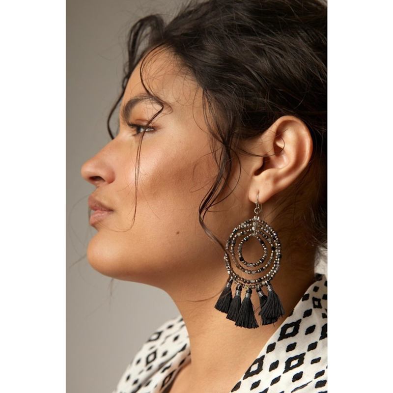 Thumbnail of Beaded Tassel Hoop Black Earrings image