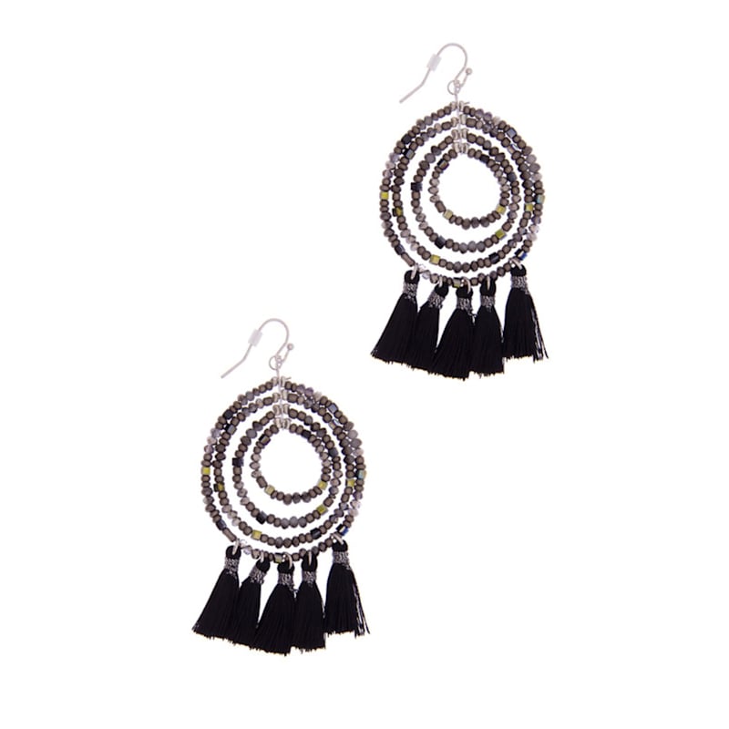 Thumbnail of Beaded Tassel Hoop Black Earrings image